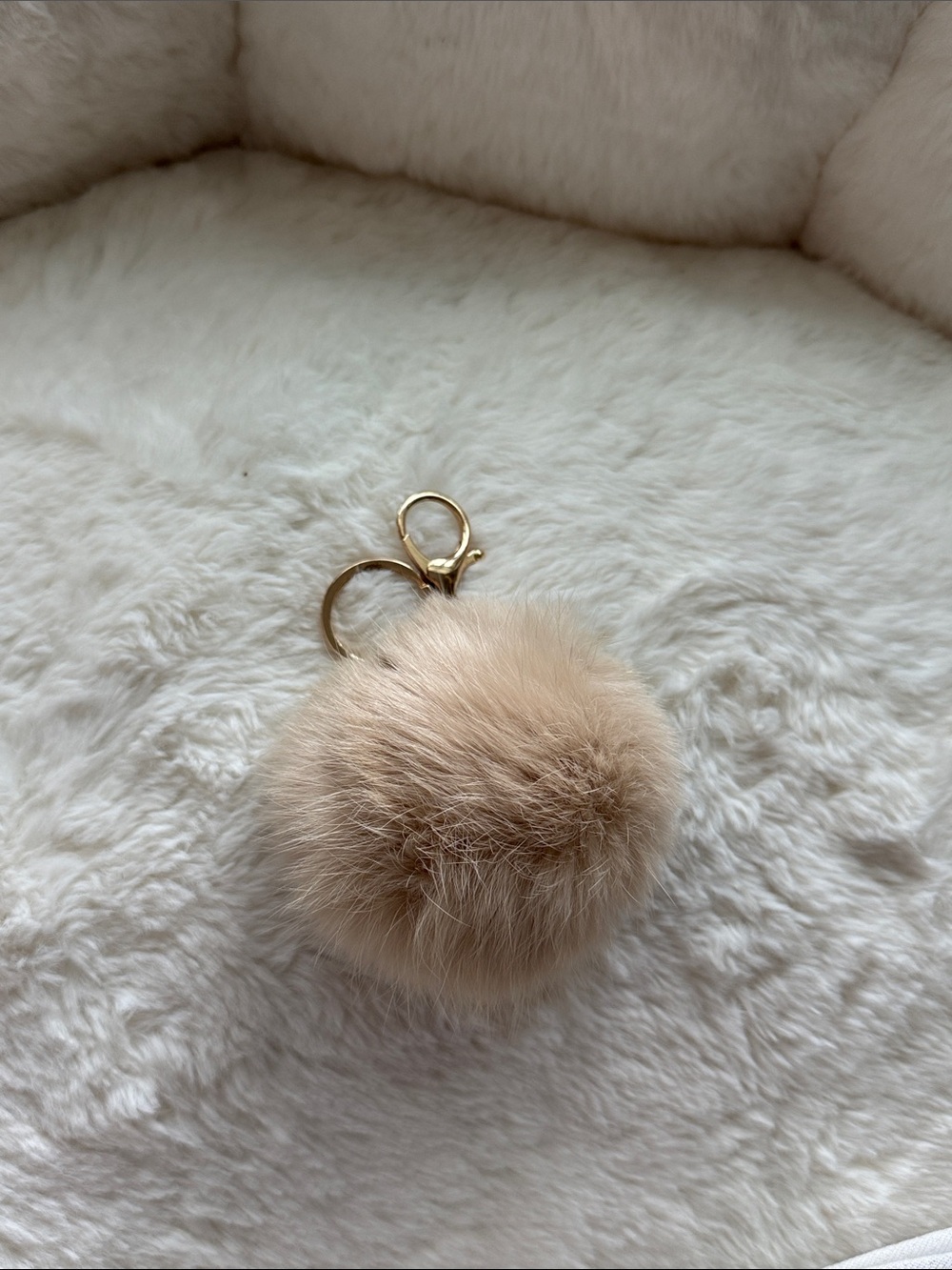 Tan cream Pom Pom keychain furry faux fur fluffy beige pompom